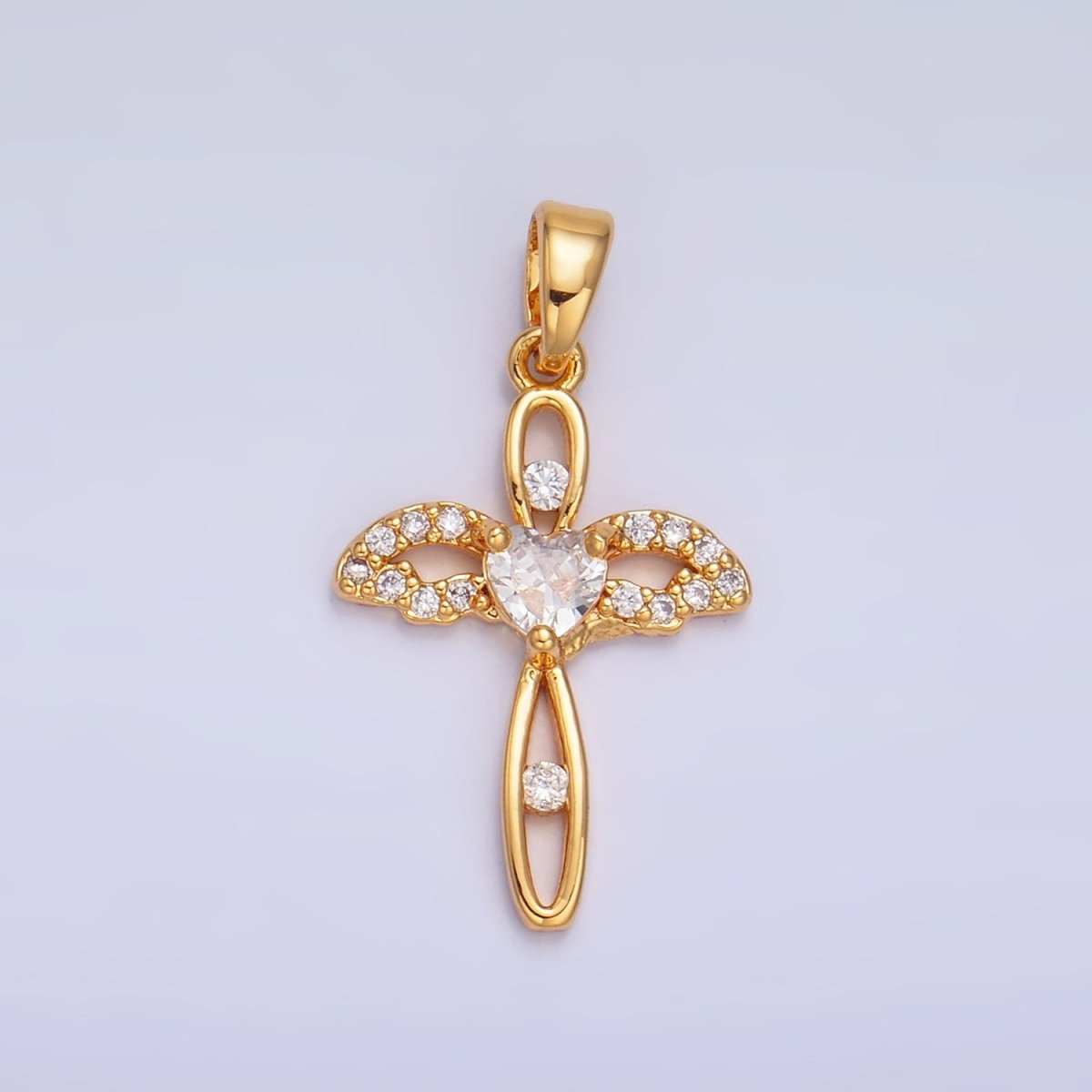 24K Gold plated Open Heart Wings Micro Paved CZ Cross Pendant | AA1074 - DLUXCA