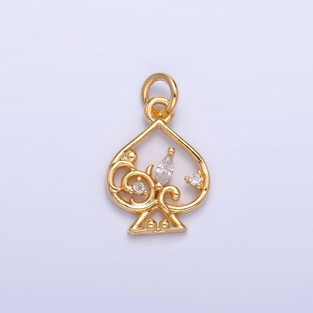 24K Gold plated Open Marquise CZ Artisan Spade Card Charm | W209 - DLUXCA