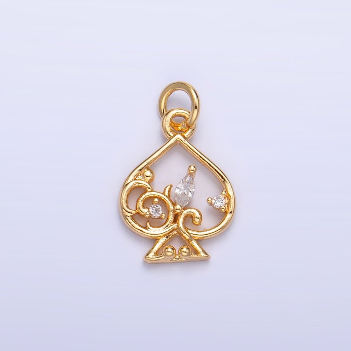 24K Gold plated Open Marquise CZ Artisan Spade Card Charm | W209 - DLUXCA