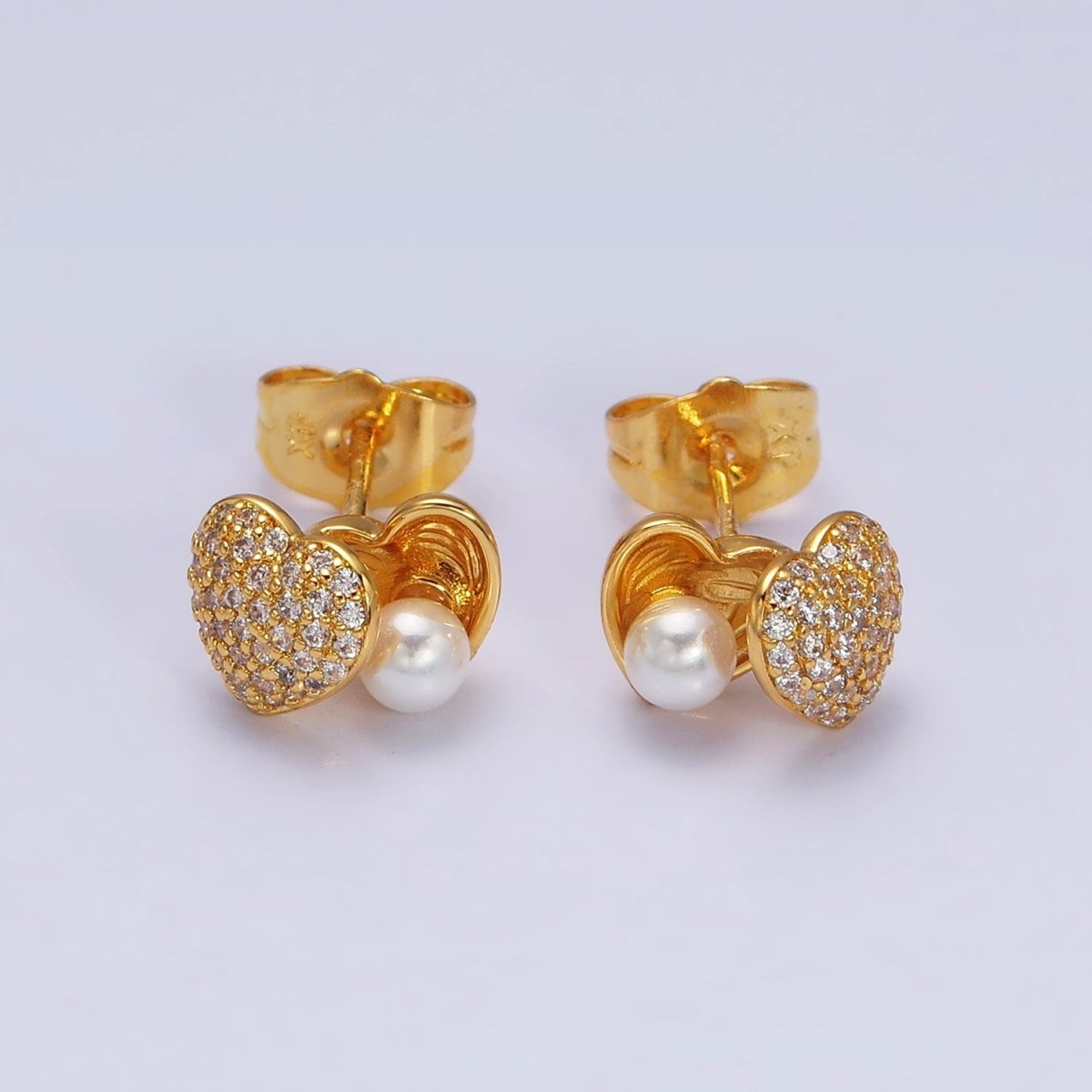 24K Gold plated Open Micro Paved CZ Heart Pearl Stud Earrings Set | AD1427 - DLUXCA