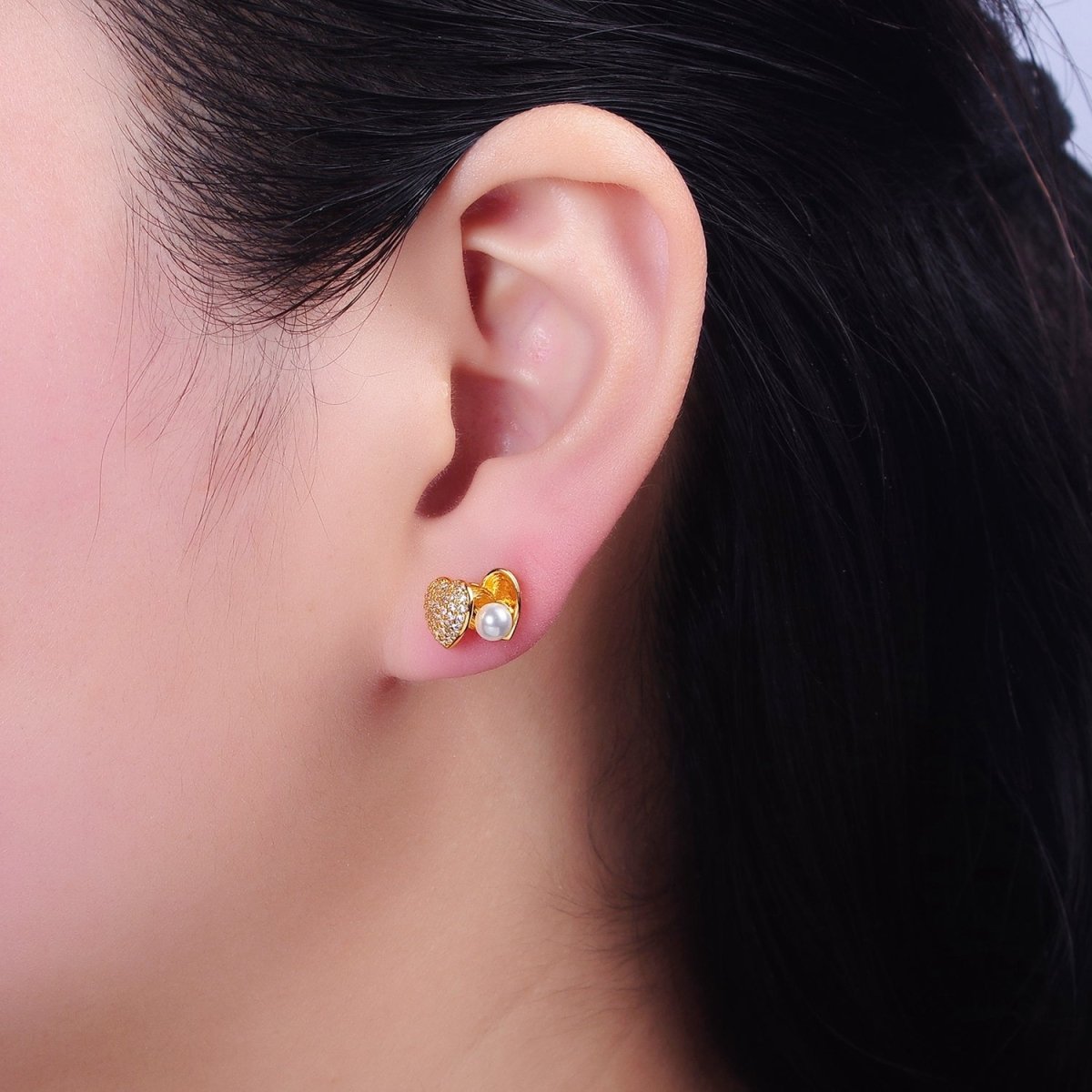 24K Gold plated Open Micro Paved CZ Heart Pearl Stud Earrings Set | AD1427 - DLUXCA
