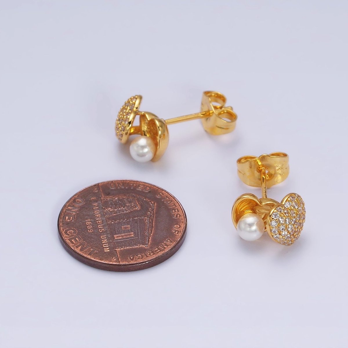 24K Gold plated Open Micro Paved CZ Heart Pearl Stud Earrings Set | AD1427 - DLUXCA