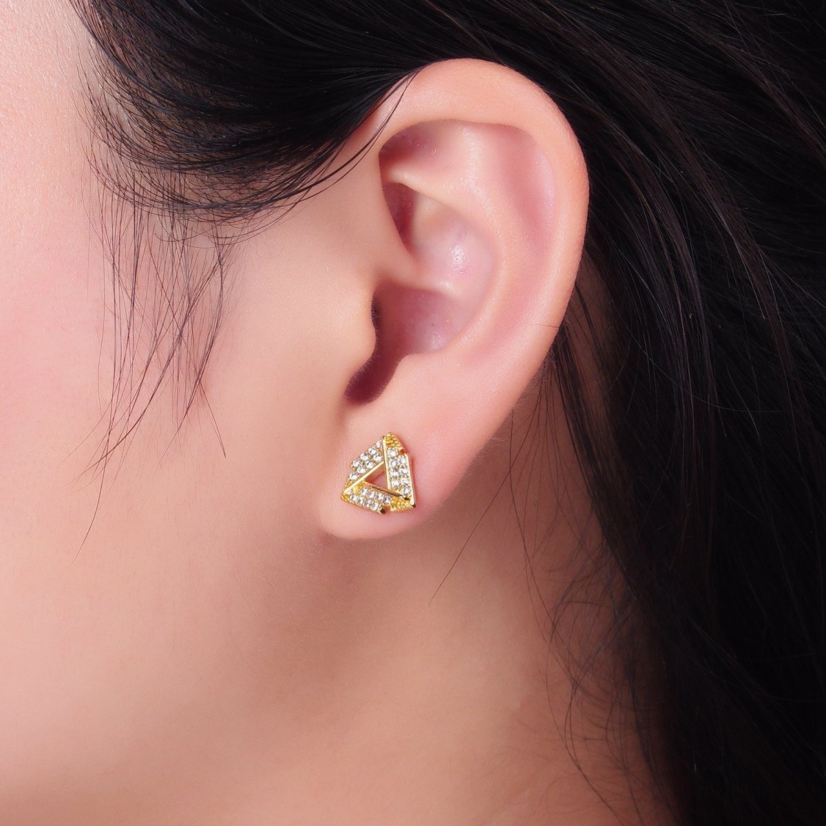 24K Gold plated Open Micro Paved CZ Triangle Stud Earrings | P355 - DLUXCA