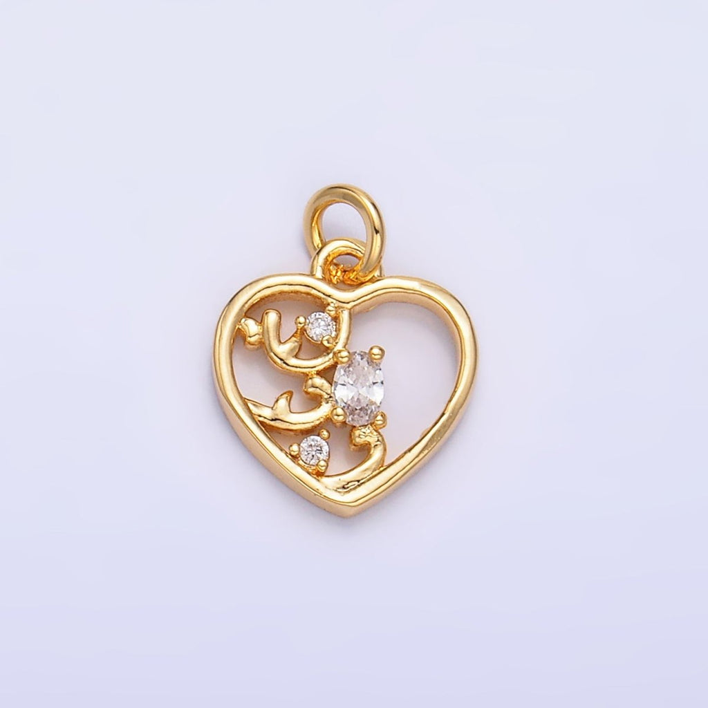 24K Gold plated Open Oval CZ Artisan Heart Card Charm | W212 - DLUXCA