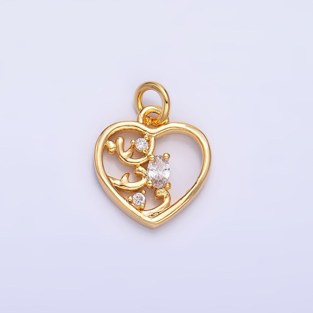 24K Gold plated Open Oval CZ Artisan Heart Card Charm | W212 - DLUXCA