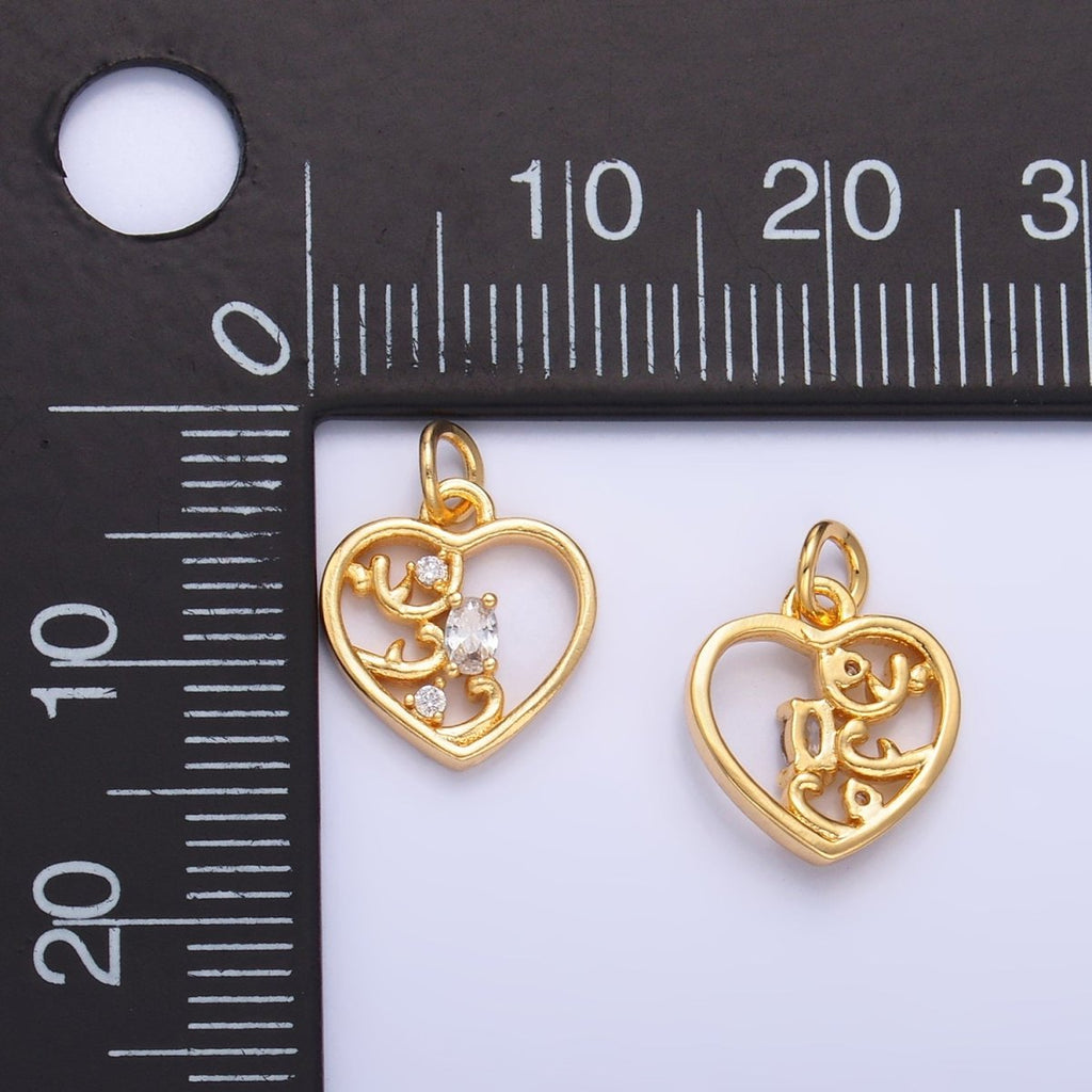24K Gold plated Open Oval CZ Artisan Heart Card Charm | W212 - DLUXCA
