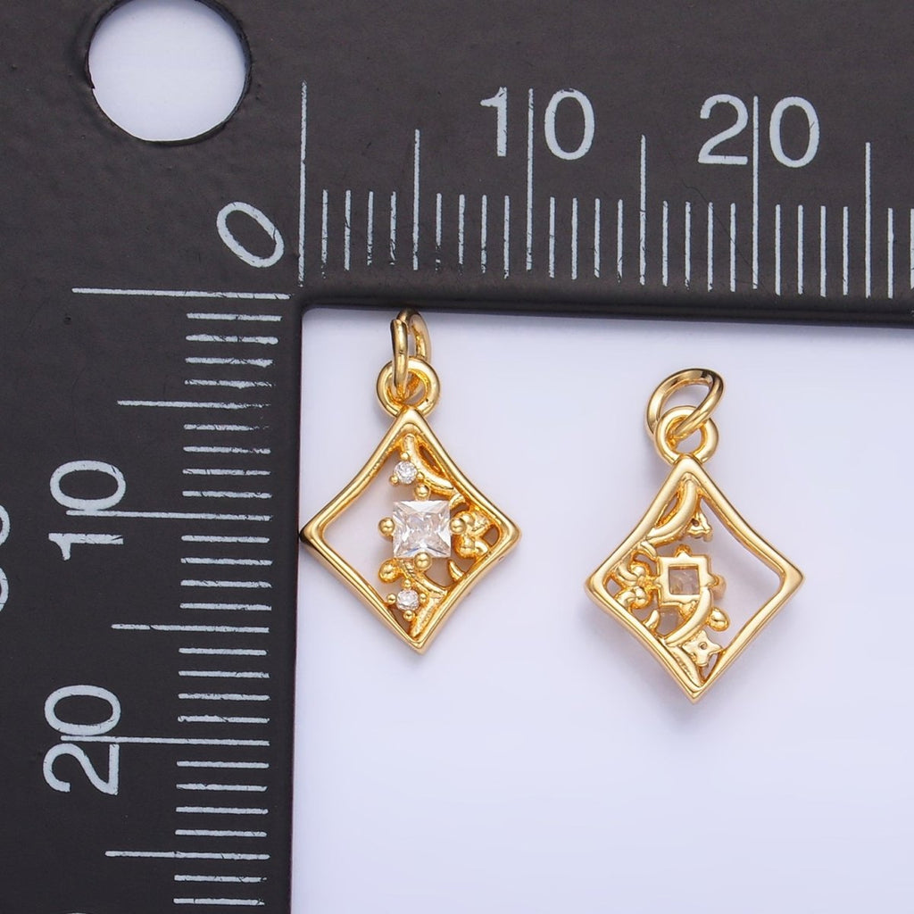 24K Gold plated Open Rhombus CZ Artisan Diamond Card Charm | W211 - DLUXCA