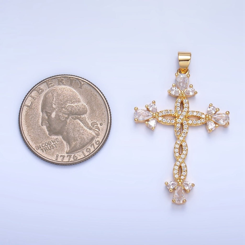 24K Gold plated Open Twisted Micro Paved Cross Pendant | AA984 - DLUXCA