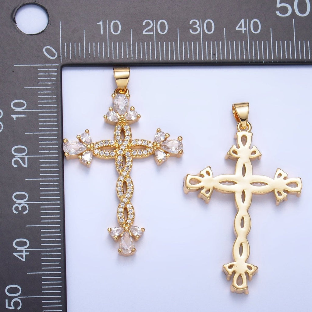 24K Gold plated Open Twisted Micro Paved Cross Pendant | AA984 - DLUXCA