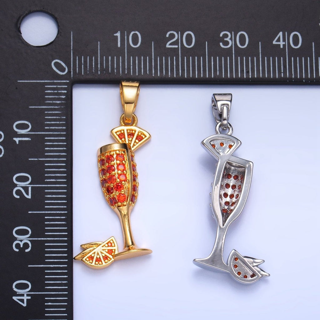 24K Gold plated Orange Slice CZ Micro Paved Martini Alcoholic Drink Pendant in Gold & Silver | AA992 - DLUXCA