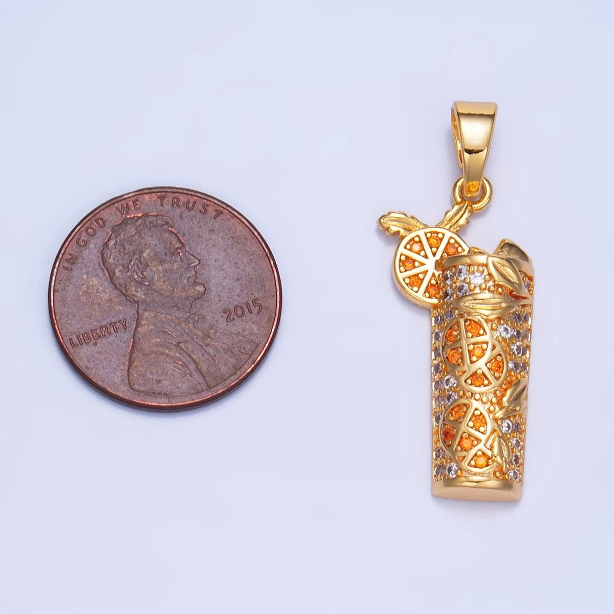 24K Gold plated Orange Slice Juice Micro Paved CZ Drink Pendant in Gold & Silver | AA991