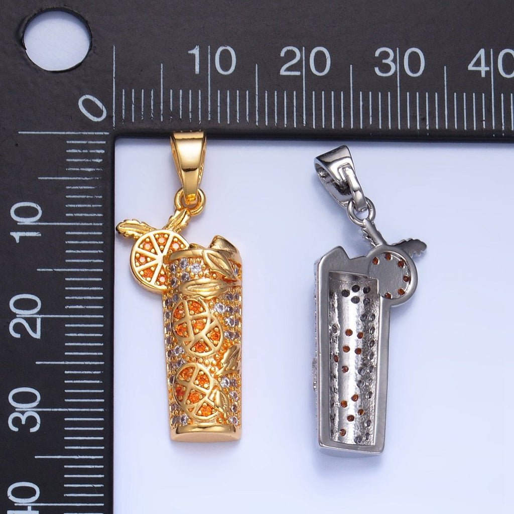 24K Gold plated Orange Slice Juice Micro Paved CZ Drink Pendant in Gold & Silver | AA991