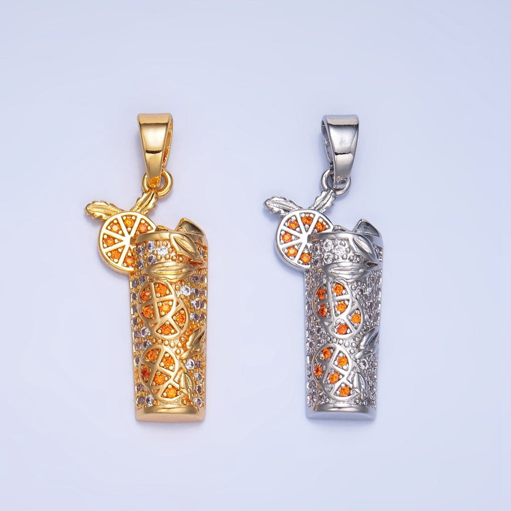 24K Gold plated Orange Slice Juice Micro Paved CZ Drink Pendant in Gold & Silver | AA991