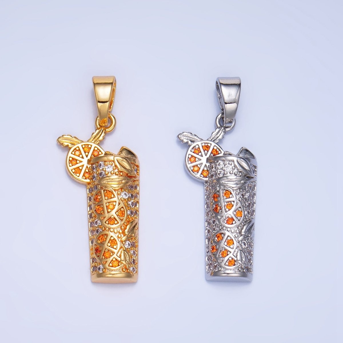 24K Gold plated Orange Slice Juice Micro Paved CZ Drink Pendant in Gold & Silver | AA991