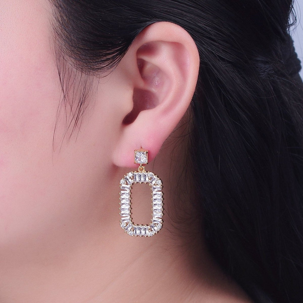24K Gold plated Oval Baguette Zirconia Drop & Dangle Stud Earrings P-316 - DLUXCA