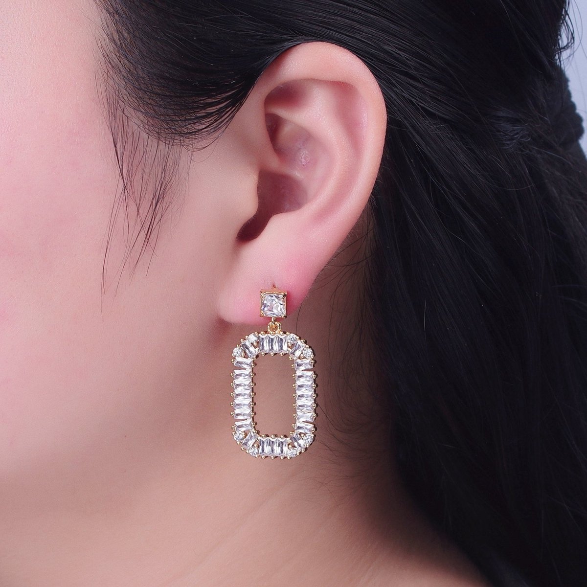 24K Gold plated Oval Baguette Zirconia Drop & Dangle Stud Earrings P-316 - DLUXCA