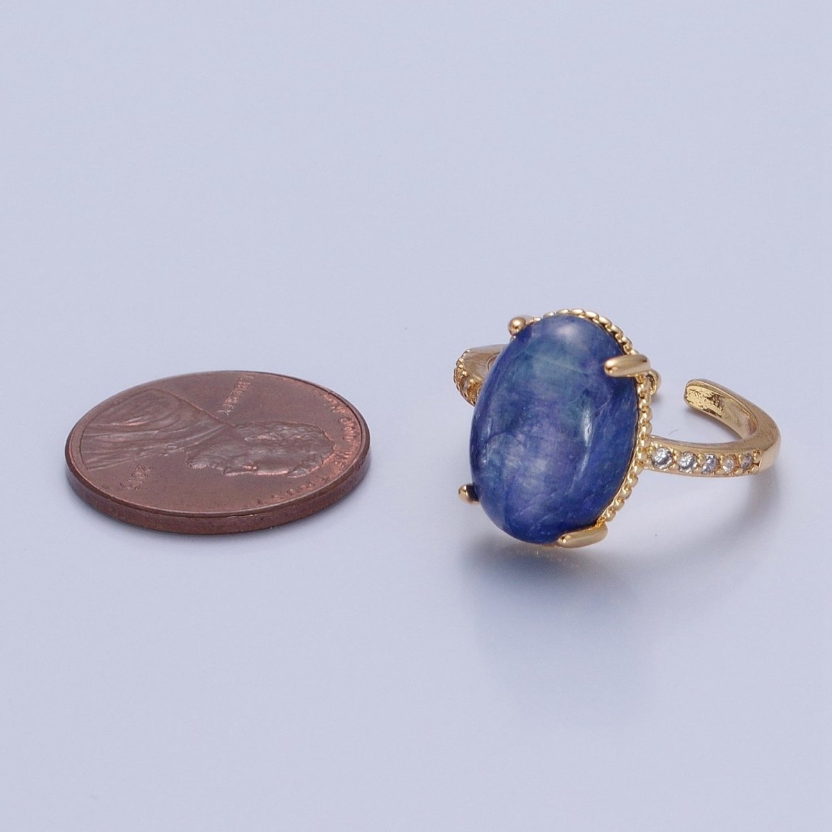24K Gold plated Oval Blue Lapiz Stone Ring with Micro Pave CZ Band O-2276 - DLUXCA