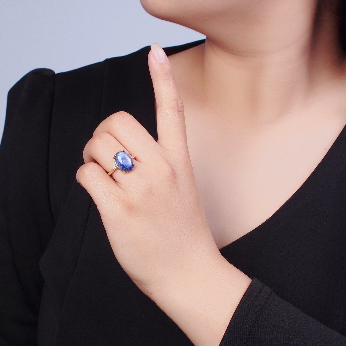 24K Gold plated Oval Blue Lapiz Stone Ring with Micro Pave CZ Band O-2276 - DLUXCA