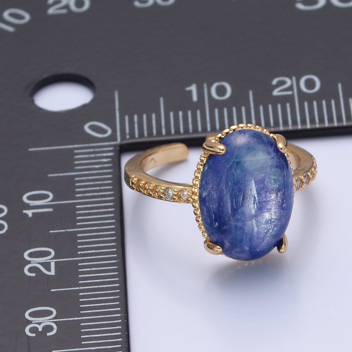 24K Gold plated Oval Blue Lapiz Stone Ring with Micro Pave CZ Band O-2276 - DLUXCA