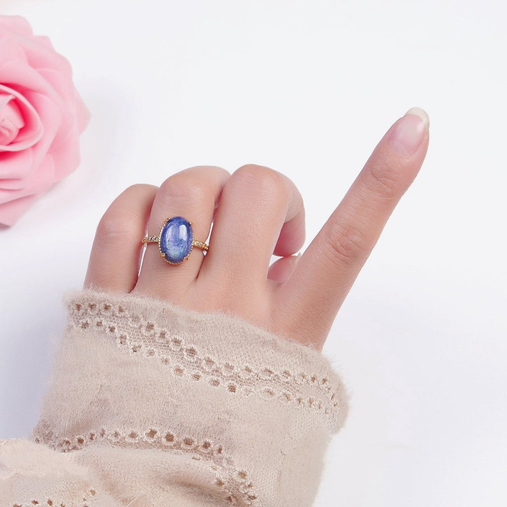 24K Gold plated Oval Blue Lapiz Stone Ring with Micro Pave CZ Band O-2276 - DLUXCA