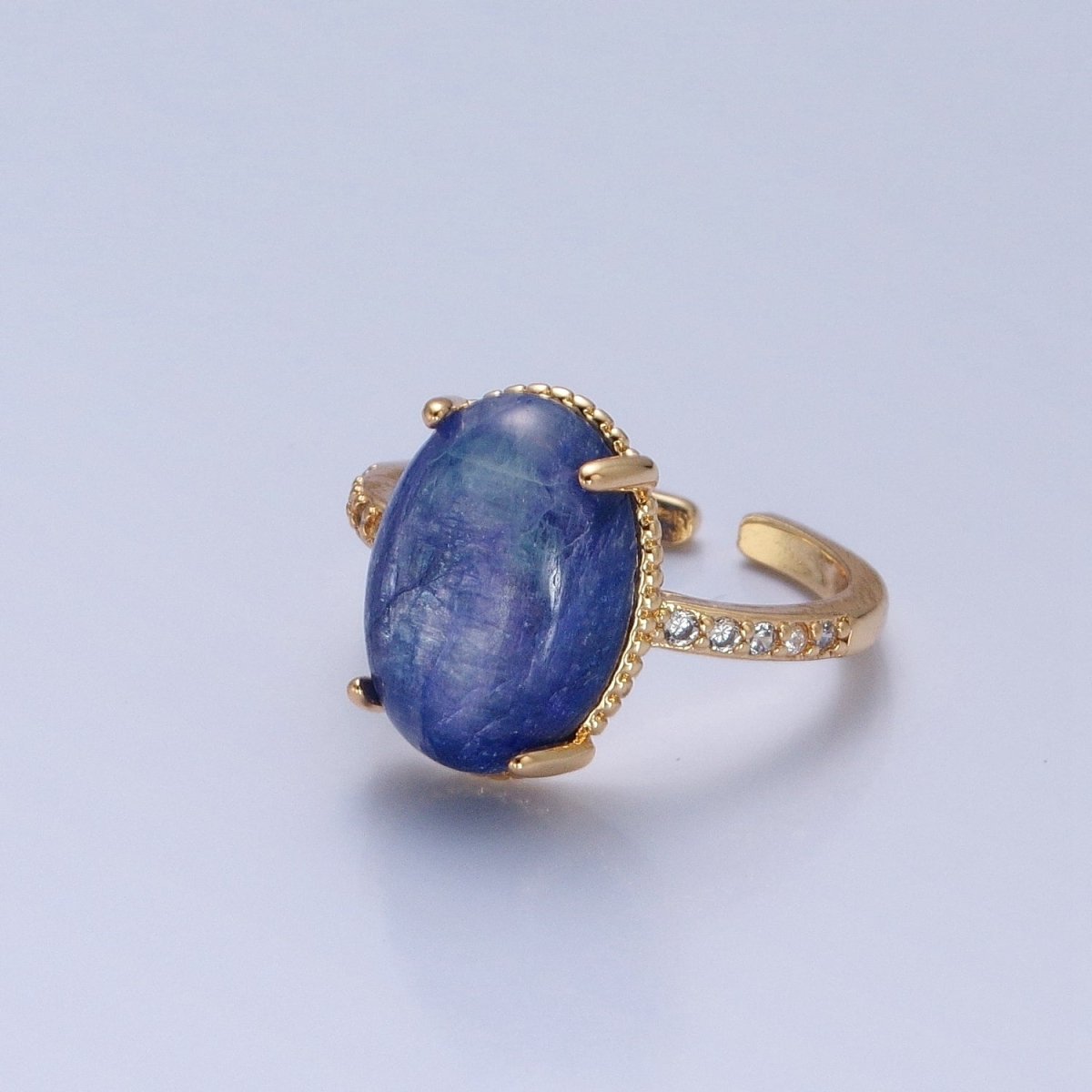 24K Gold plated Oval Blue Lapiz Stone Ring with Micro Pave CZ Band O-2276 - DLUXCA