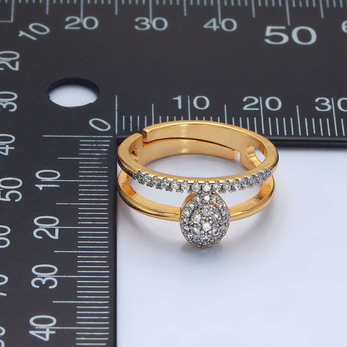 24K Gold plated Oval Micro Paved CZ Double Band Mixed Metal Ring | O1426 - DLUXCA