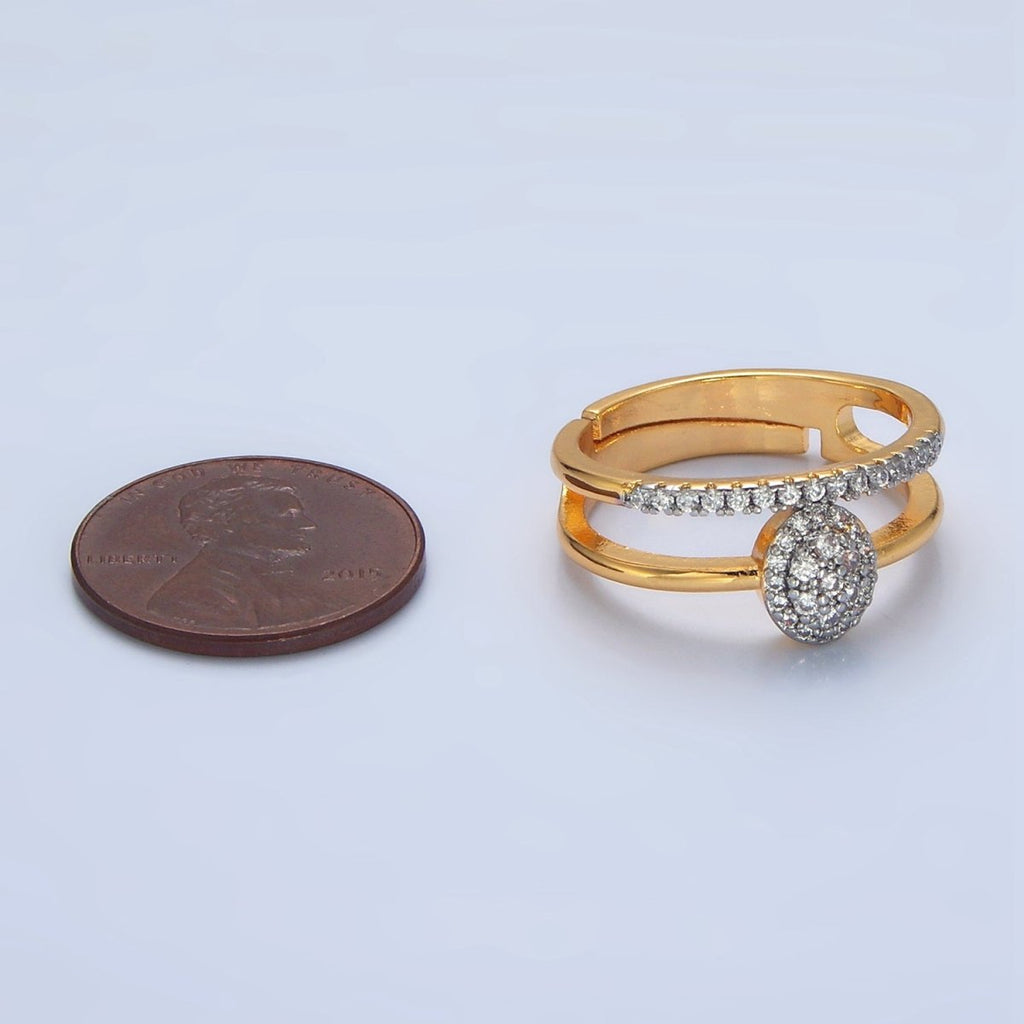 24K Gold plated Oval Micro Paved CZ Double Band Mixed Metal Ring | O1426 - DLUXCA
