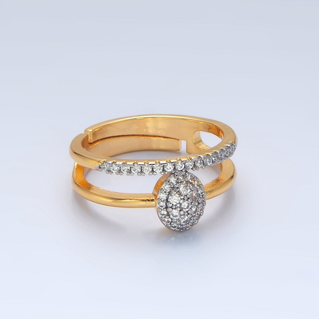 24K Gold plated Oval Micro Paved CZ Double Band Mixed Metal Ring | O1426 - DLUXCA