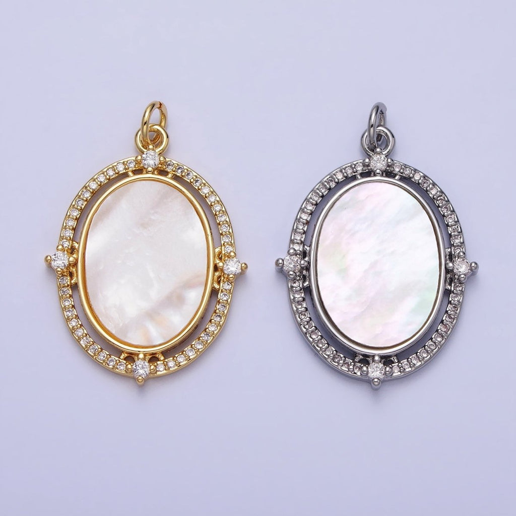 24K Gold plated Oval Shell Pearl Clear Micro Paved CZ Charm in Gold & Silver | AC365 AC366