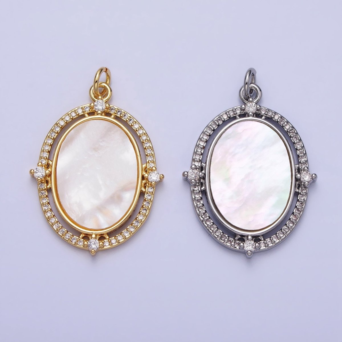 24K Gold plated Oval Shell Pearl Clear Micro Paved CZ Charm in Gold & Silver | AC365 AC366