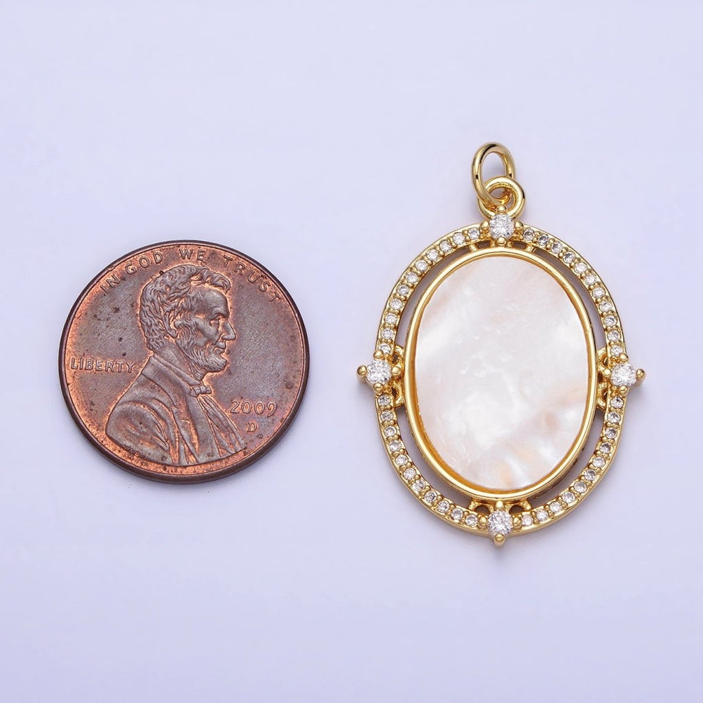 24K Gold plated Oval Shell Pearl Clear Micro Paved CZ Charm in Gold & Silver | AC365 AC366