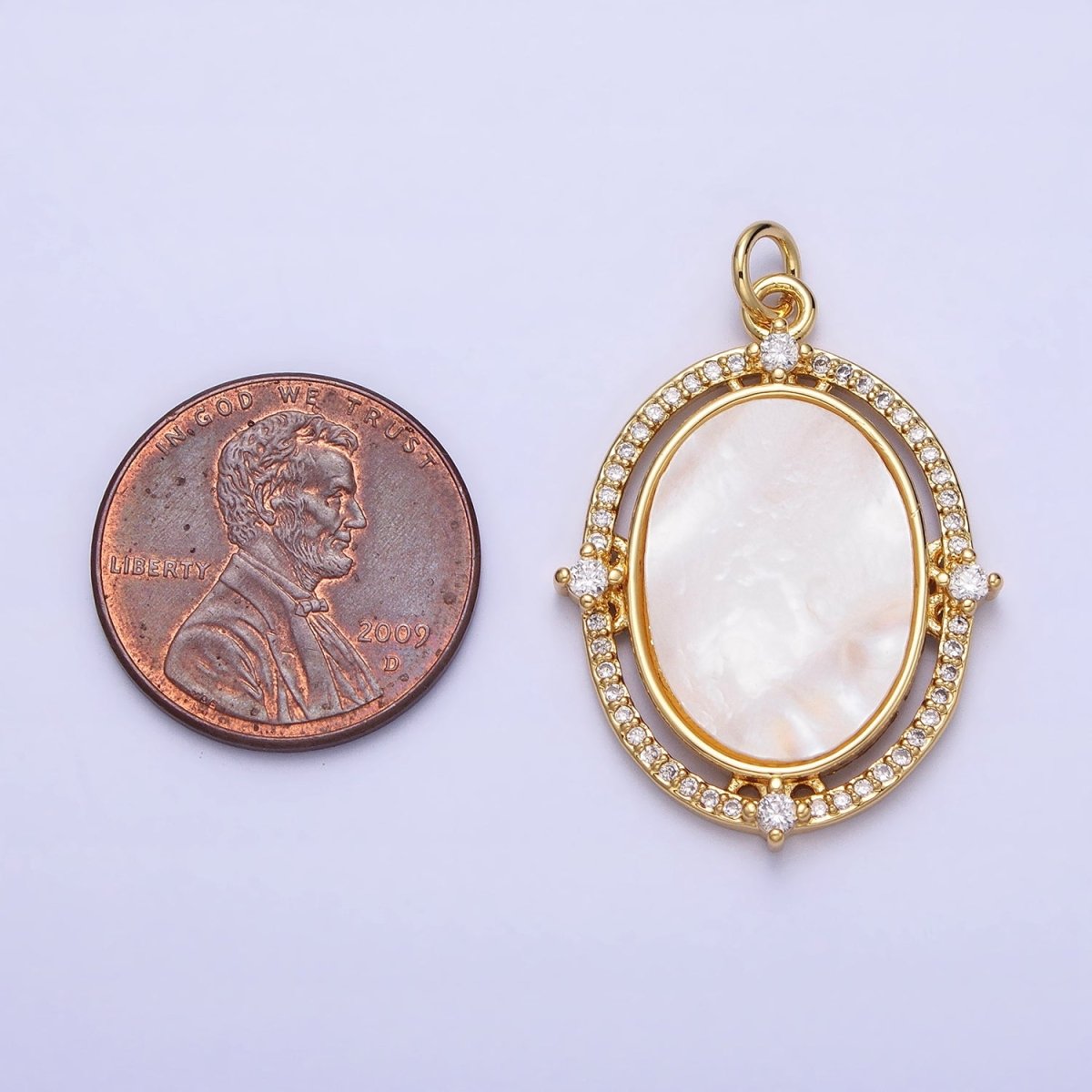 24K Gold plated Oval Shell Pearl Clear Micro Paved CZ Charm in Gold & Silver | AC365 AC366