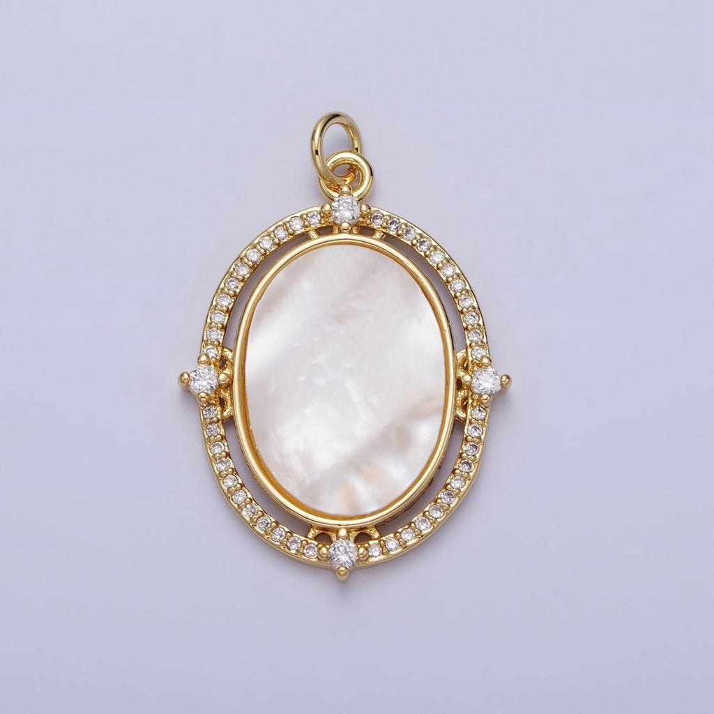 24K Gold plated Oval Shell Pearl Clear Micro Paved CZ Charm in Gold & Silver | AC365 AC366