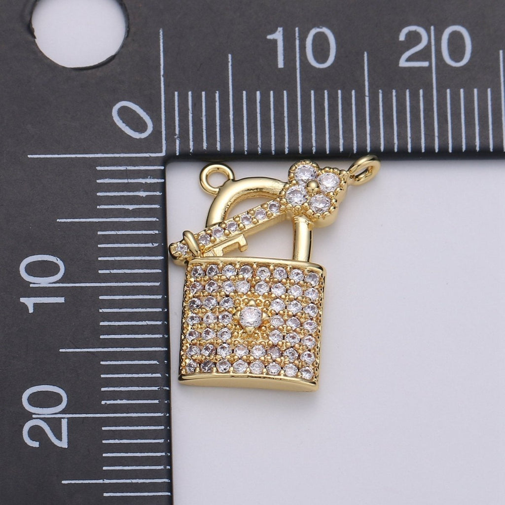 24k Gold plated Padlock and Key CZ Micro Pave Charm Pendant Lock and Key Charm Necklace for Statement Necklace Component D-617 - DLUXCA