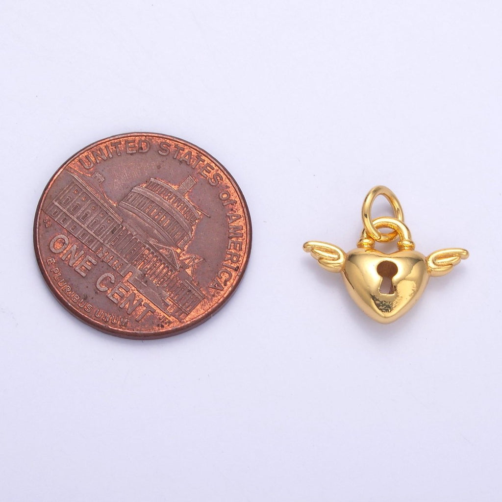 24K Gold plated Padlock Heart Wings Charm in Gold & Silver | N070 