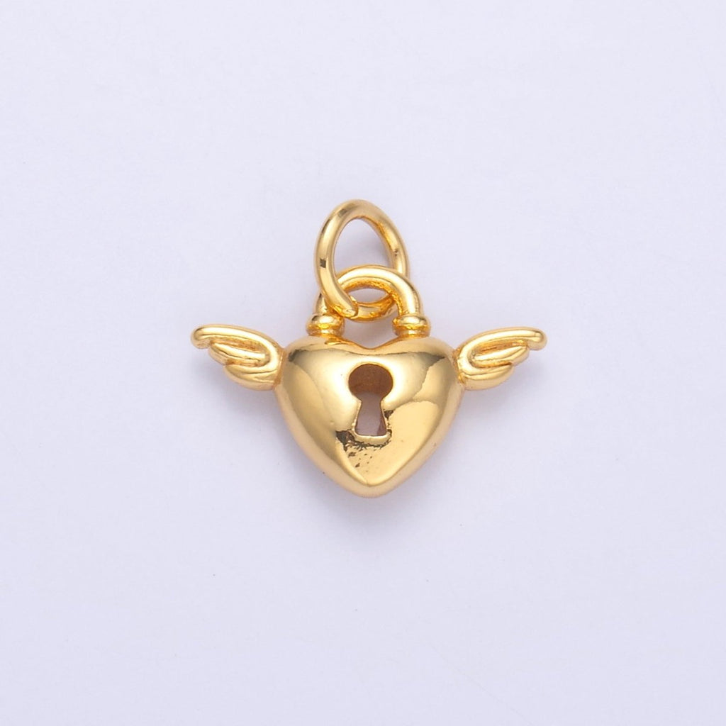 24K Gold plated Padlock Heart Wings Charm in Gold & Silver | N070 