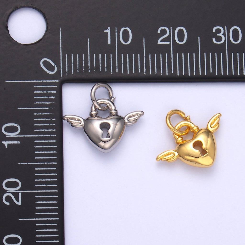 24K Gold plated Padlock Heart Wings Charm in Gold & Silver | N070 