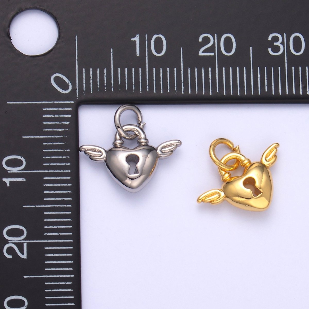 24K Gold plated Padlock Heart Wings Charm in Gold & Silver | N070 