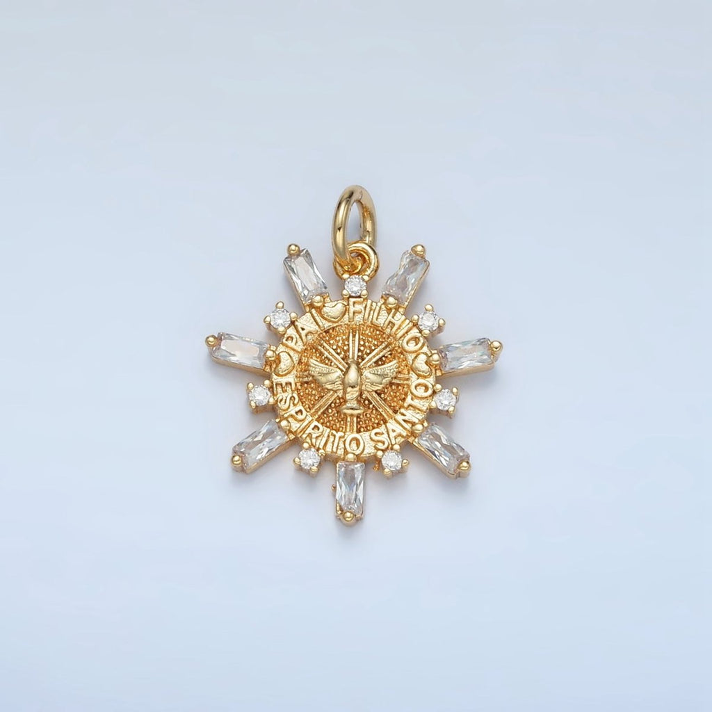 24K Gold plated "Pai, Filho, Espirito Santo" Script Dove Baguette Sun Charm | E227 - DLUXCA