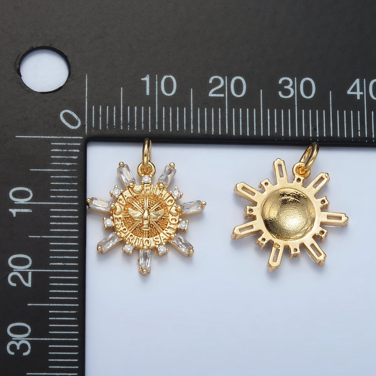 24K Gold plated "Pai, Filho, Espirito Santo" Script Dove Baguette Sun Charm | E227 - DLUXCA
