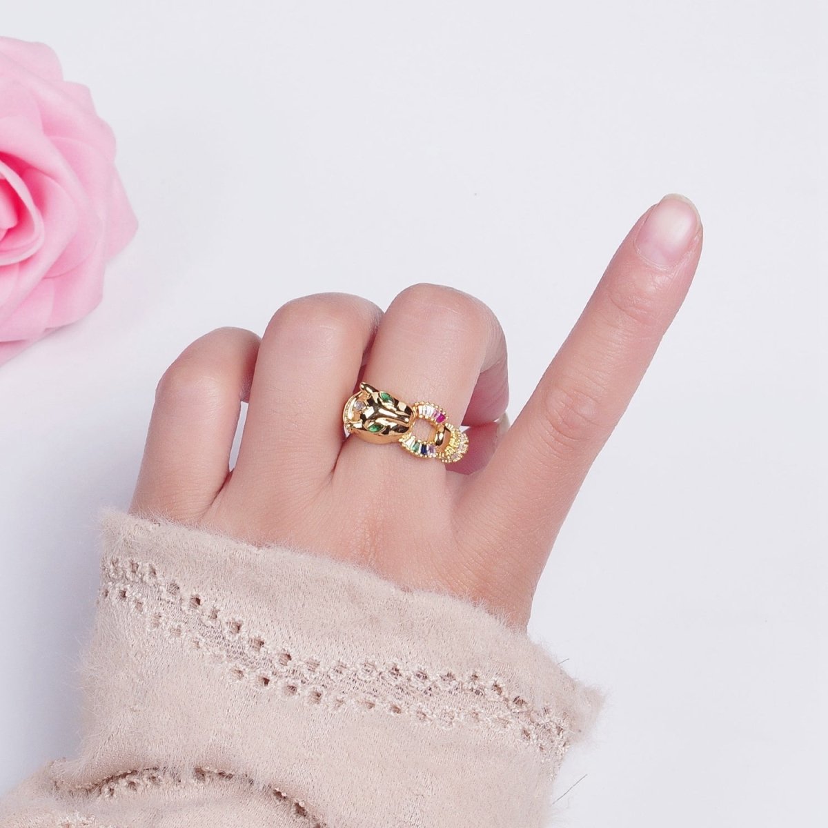 24K Gold plated Panther Ring with Multicolor Cubic Zirconia O-791 - DLUXCA