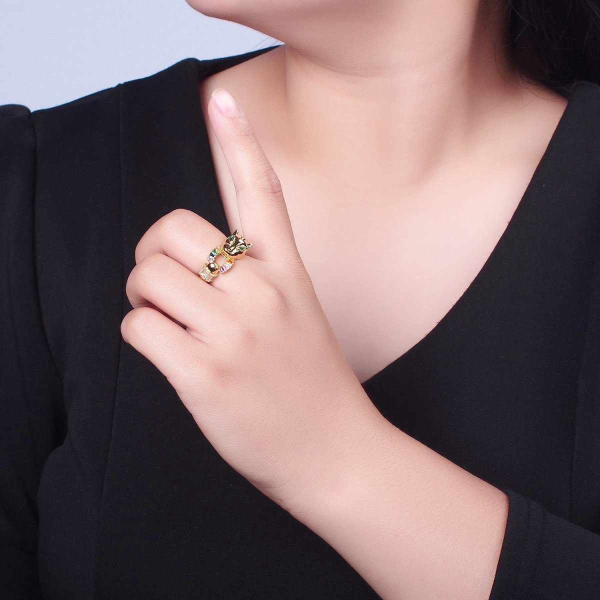 24K Gold plated Panther Ring with Multicolor Cubic Zirconia O-791 - DLUXCA