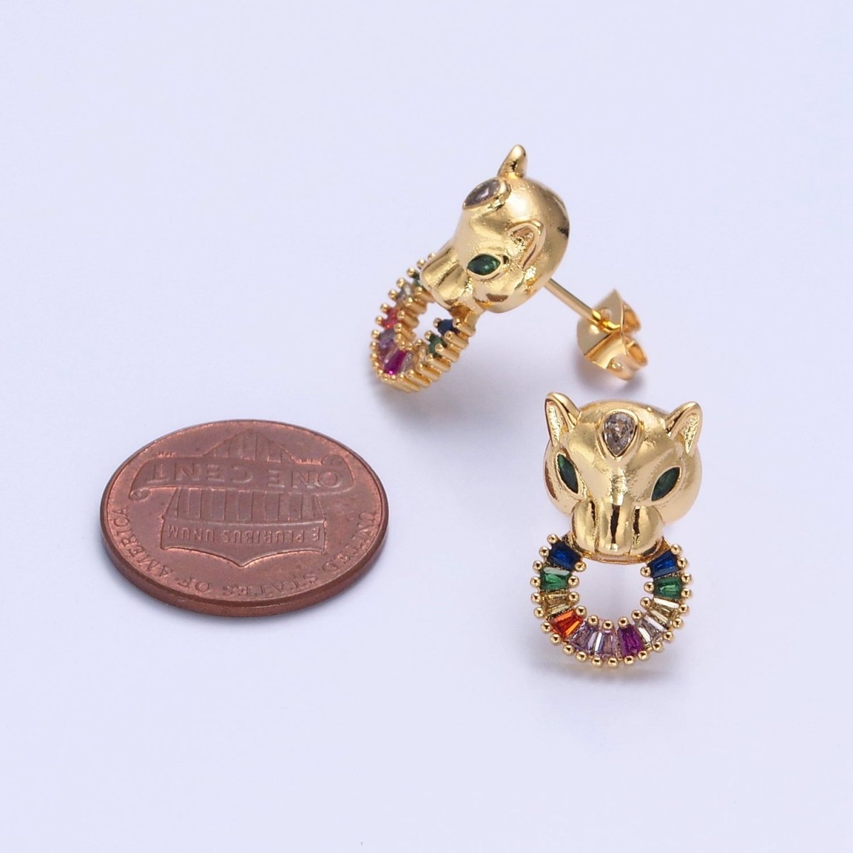 24K Gold plated Panther Stud Earrings with Multicolor Baguette CZ Cubic Zirconia V-447 - DLUXCA