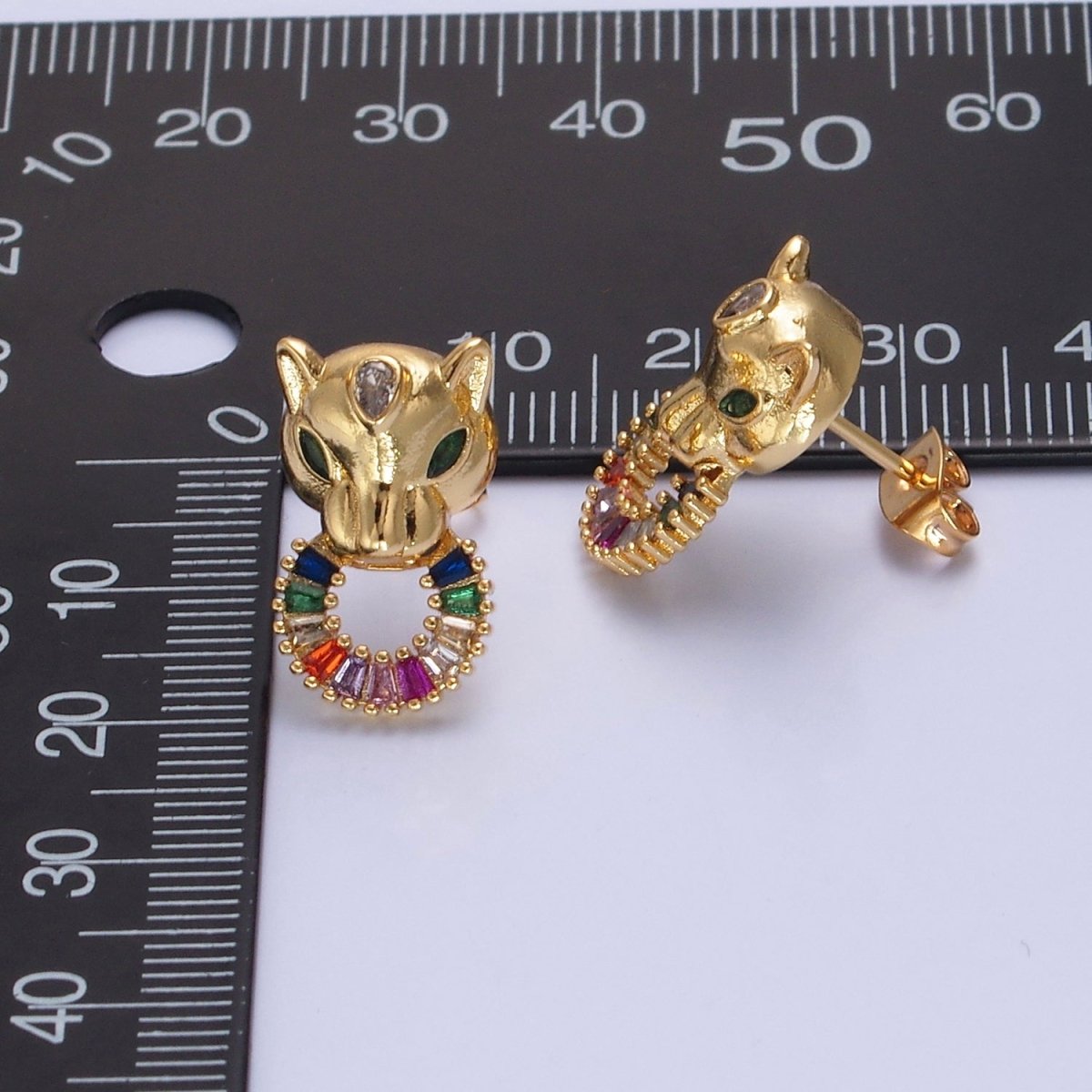 24K Gold plated Panther Stud Earrings with Multicolor Baguette CZ Cubic Zirconia V-447 - DLUXCA