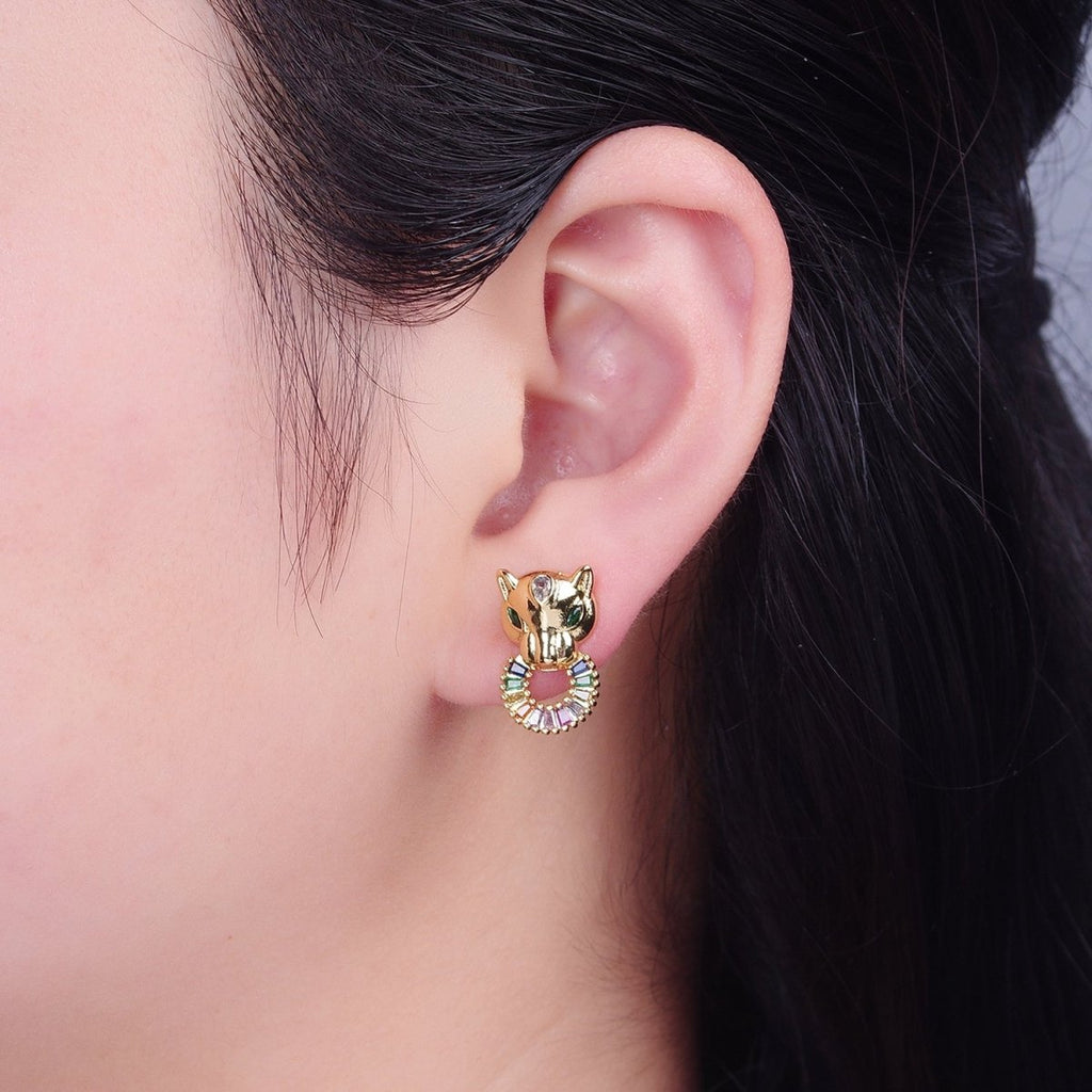 24K Gold plated Panther Stud Earrings with Multicolor Baguette CZ Cubic Zirconia V-447 - DLUXCA