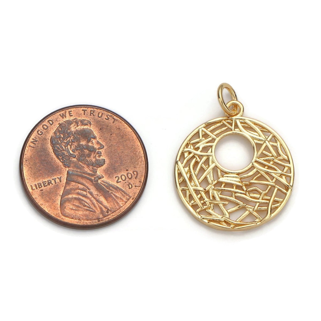24k Gold plated Patterned Geometric Circle Charm, Branch Paisley Pendant Charm, Gold plated Charm, For DIY Jewelry, Gold Color D-058 - DLUXCA