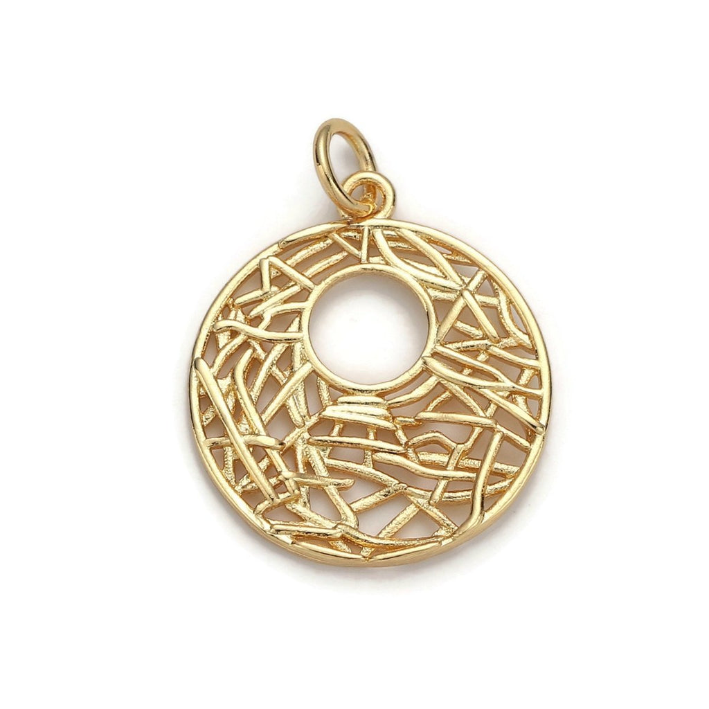 24k Gold plated Patterned Geometric Circle Charm, Branch Paisley Pendant Charm, Gold plated Charm, For DIY Jewelry, Gold Color D-058 - DLUXCA