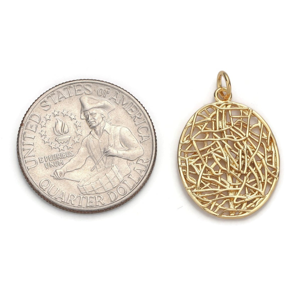 24k Gold plated Patterned Oval Charm, Branch Paisley Pendant Charm, Gold plated Charm, For DIY Jewelry, Gold Color D-057 - DLUXCA