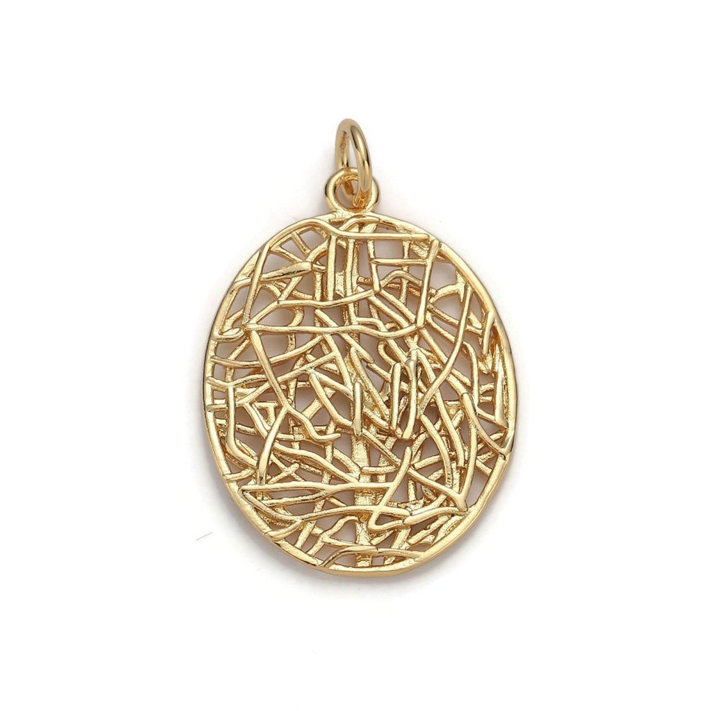 24k Gold plated Patterned Oval Charm, Branch Paisley Pendant Charm, Gold plated Charm, For DIY Jewelry, Gold Color D-057 - DLUXCA