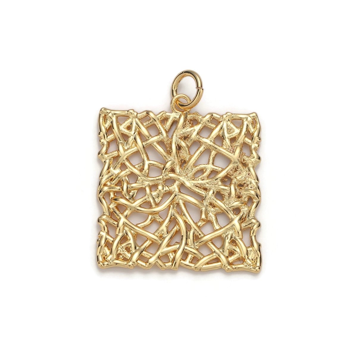 24k Gold plated Patterned Square Charm, Branch Paisley Pendant Charm, Gold plated Charm, For DIY Jewelry, Gold Color D-054 - DLUXCA